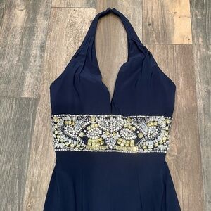 Sherri Hill Prom Long Maxi Dress Navy Blue Beaded Halter Open Back Train sz 2